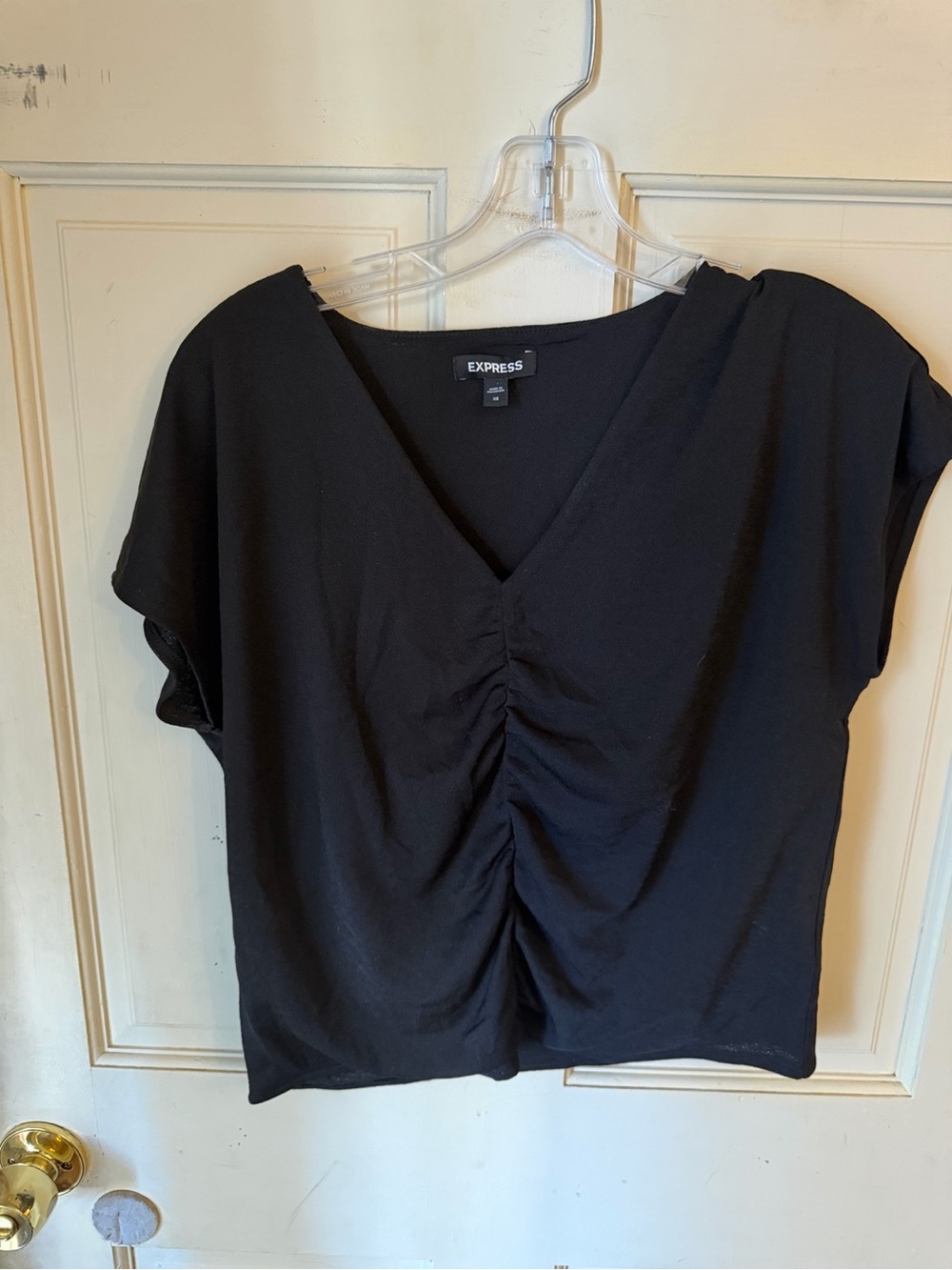 Express Black Ruched V-Neck Short Sleeve Top